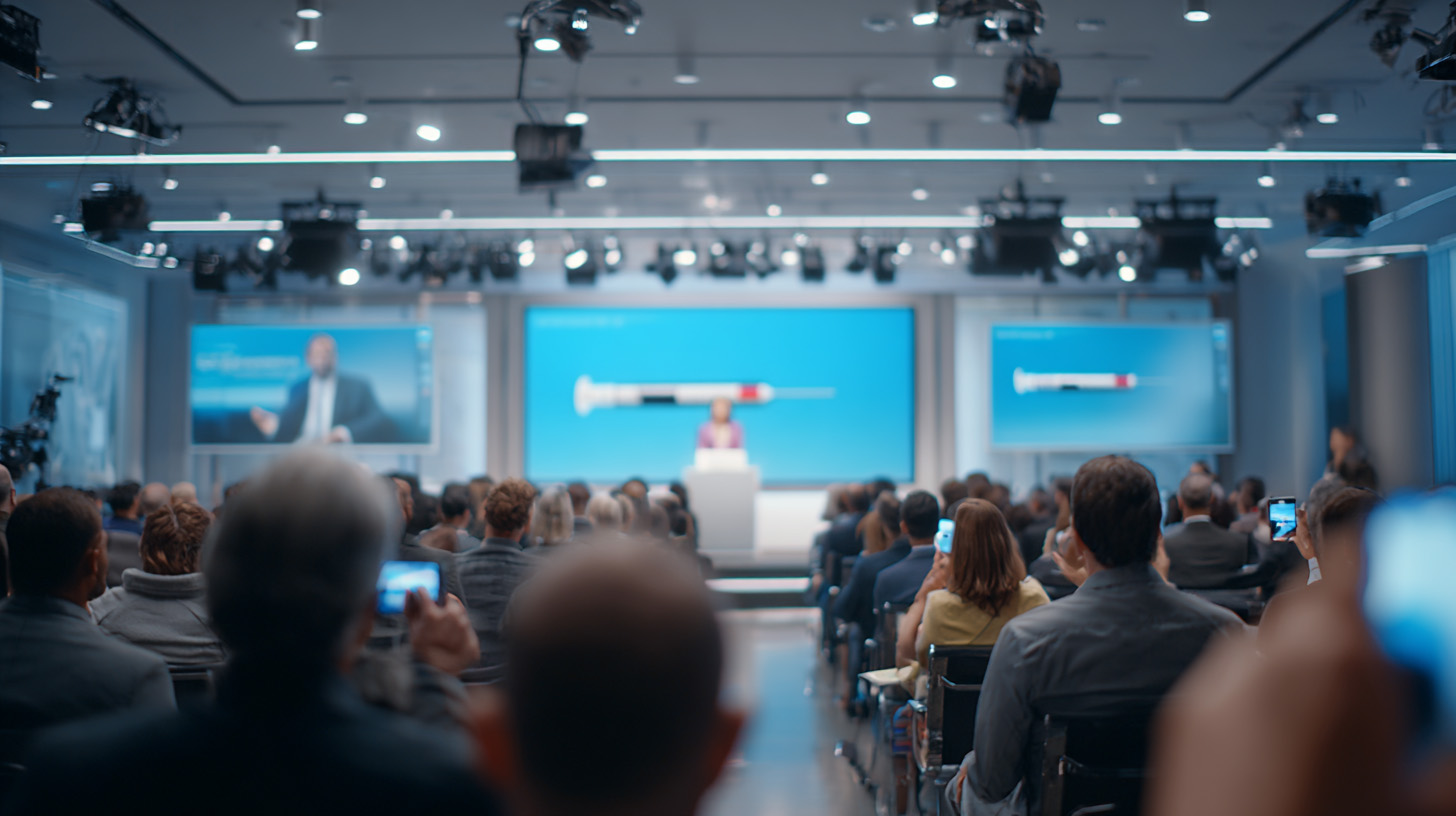 Company executive announcing news at a press conference, with an insulin pen displayed on the screen.