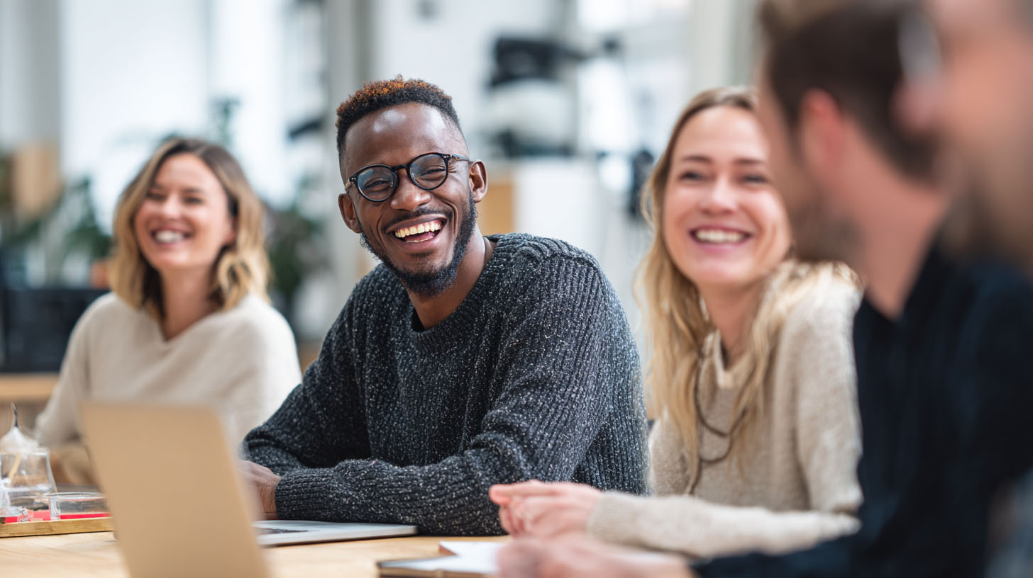 Our diverse team of employees sharing a collaborative and joyful moment in the modern office.