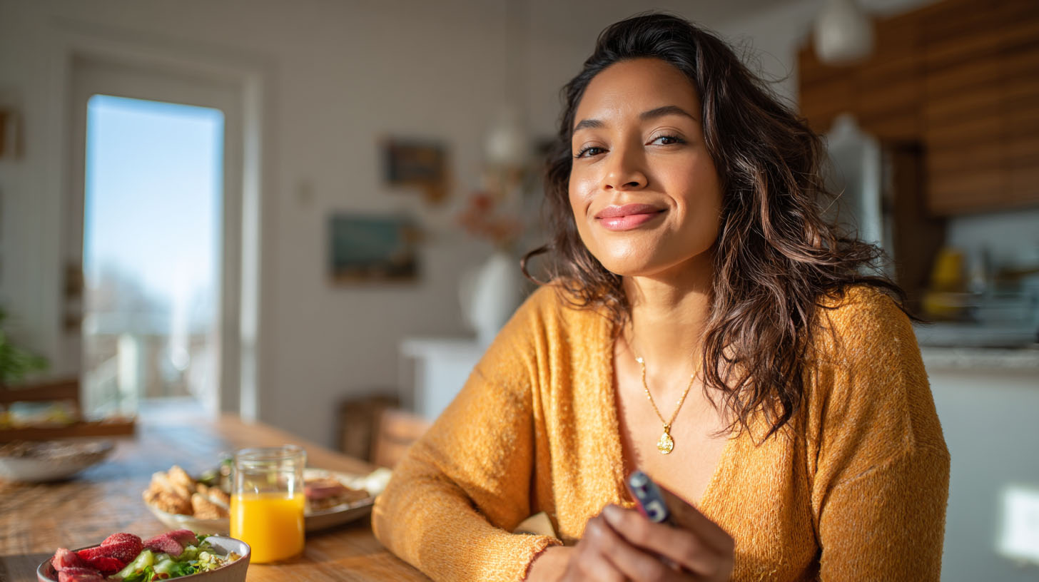 A confident woman managing her diabetes with an insulin pen in her sunny, modern home.